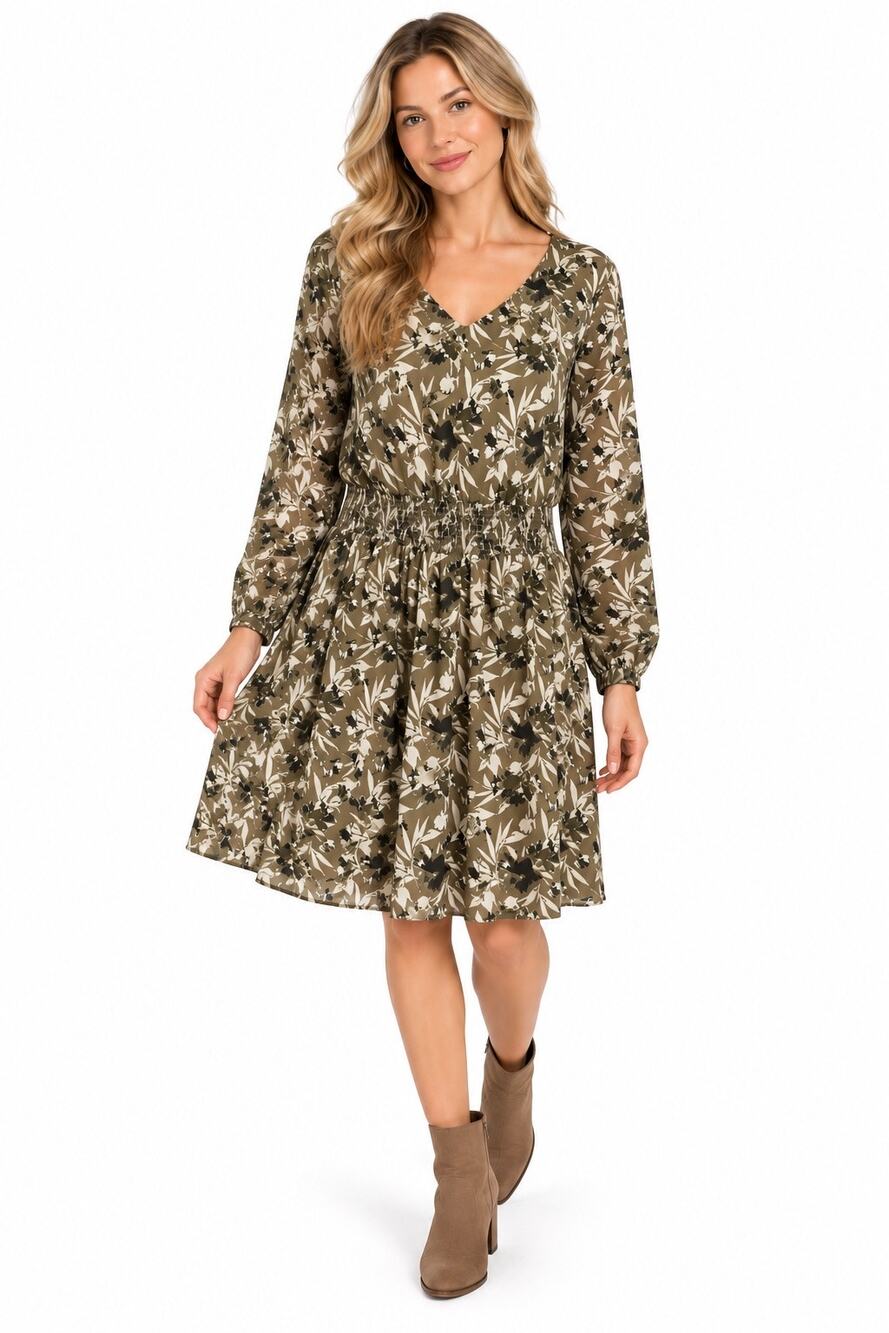 Noir Khaki Green Floral V-Neck Smocked Drop Waist Long Sleeve Knee Length Dress
